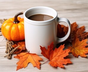 Mug with pumpkins fall mockup. White coffee cup mock up. Blank mug printing design template. Autumn, halloween and thanksgiving concept.