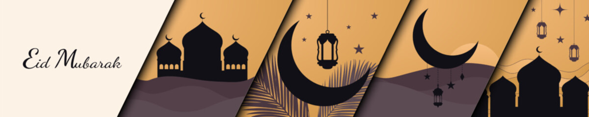 Simple Eid Mubarak Banner. Modern Ramadan Mubarak Icon posters. Ramadan silhouette elements Moon, mosque dome, desert, dunes, crescent, lantern, stars. Vector Illustration. EPS
