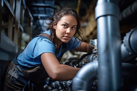 Woman plumber working near metal pipes indoor female