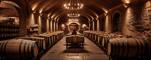 Old cellar with wine wooden barrels. copy space