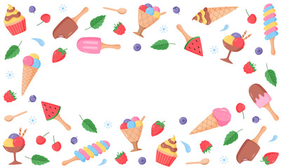 Fototapeta na wymiar Ice cream and berries set of bright colored icons. Vector illustration of summer desserts popsicles, ice cream in waffle cones, strawberry cherry raspberry mint blueberry.