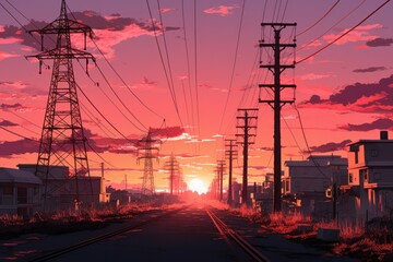 Power lines anime visual novel game. Generate Ai - obrazy, fototapety, plakaty