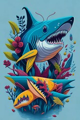A detailed illustration of a Shark for a t-shirt design, wallpaper, fashion