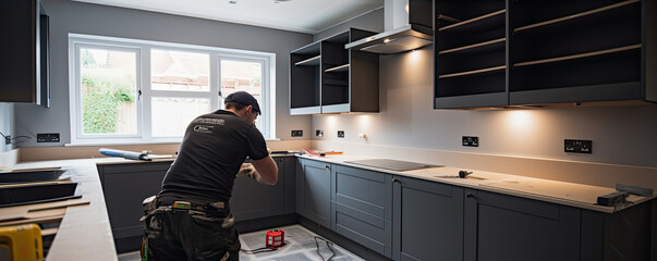 Worker or carpenter installing new modern kitchen.