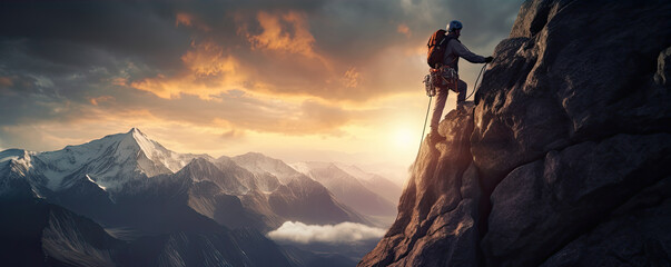 Climber on a rock in sunset light,  panorama photo