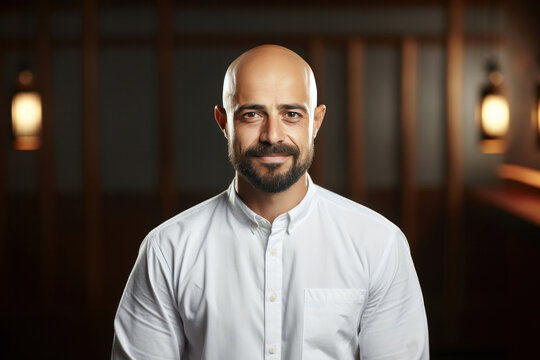 indian bald man standing isolated against plain background