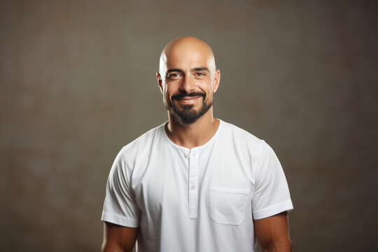 indian bald man standing isolated against plain background