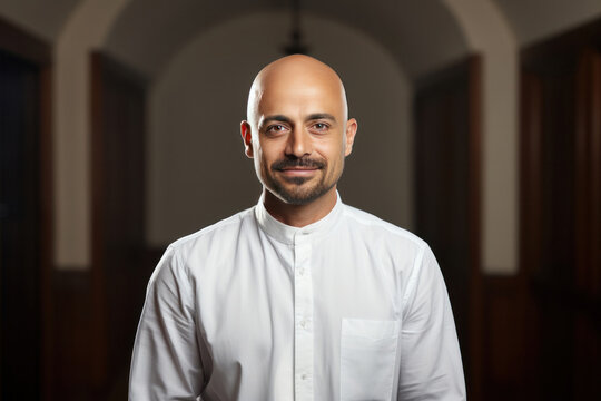 indian bald man standing isolated against plain background