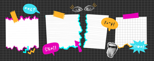 Popart collage grunge torn paper collection. Set of paper strips with doodle elements. Sticky ripped notes, shreds of notebook pages, stickers, paper stuck with sticky tape. Vector illustration