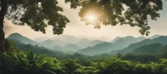 Landscape with bright tropical forest. Generative AI.