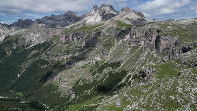 Aerial view of Dolomites Alps near Alta Badia, Trentino-Alto-Adige region, Italy. Summer season.