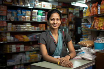 Portrait of Indianwoman small Kirana or grocery shop owner sitting at cash counter, looking happily at camera