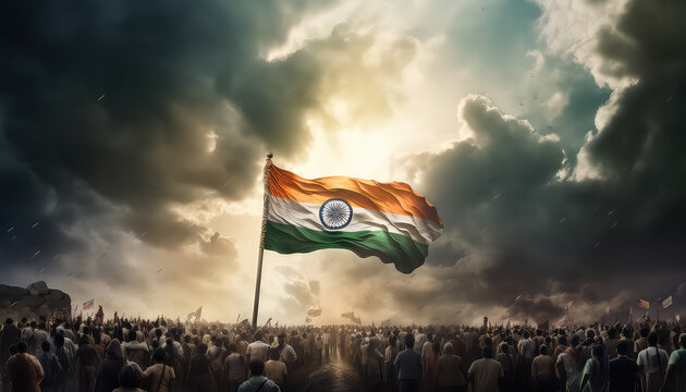 Indian flag on a crowd background.