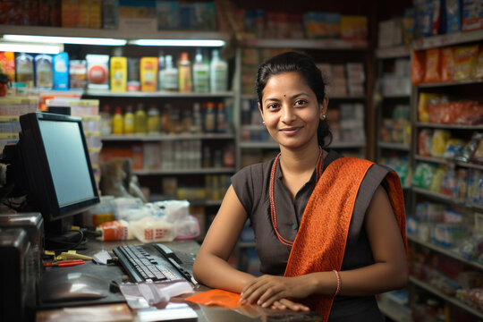 Portrait of Indianwoman small Kirana or grocery shop owner sitting at cash counter, looking happily at camera