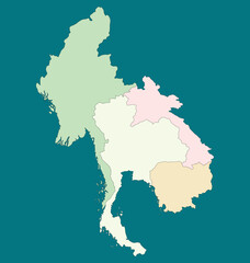 Map of Thailand, Myanmar, Laos, and Cambodia. Map of border countries of Southeast Asia