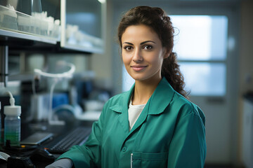 Fototapeta premium Closeup portrait, young smiling Indian female scientist in white lab coat. Research and development