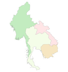 Fototapeta na wymiar Map of Thailand, Myanmar, Laos, and Cambodia. Map of border countries of Southeast Asia