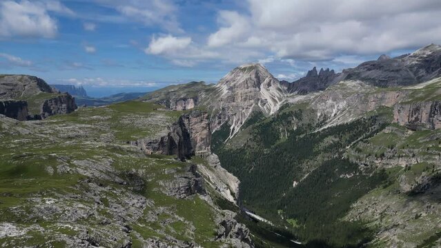 Aerial view of Dolomites Alps near Alta Badia, Trentino-Alto-Adige region, Italy. Summer season.