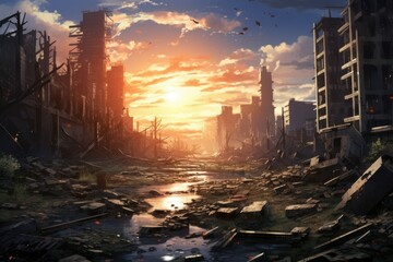 Ruined city sunset anime visual novel game. Generate Ai - obrazy, fototapety, plakaty