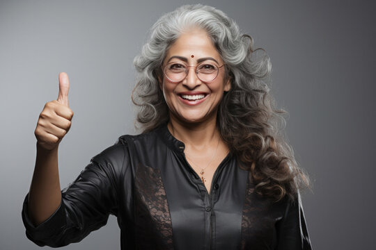 Old age happy Indian woman showing Ok or thumbs up sign