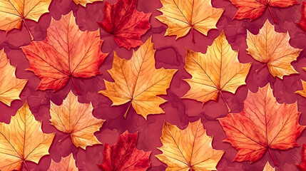 Autumn leaves pattern on red background
