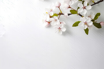 Greeting card template with white flowers on white laminate floor. Top view, side lighting, copy space, minimalism