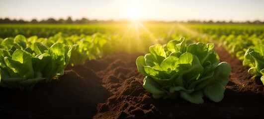 Fresh lettuce plants growing in field. Vegetable cultivation background.