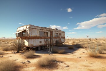 Fototapeta na wymiar Landscape with abandoned trailer in the middle of the desert. Generative AI