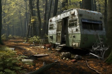 Landscape with abandoned trailer in the middle of the forest. Generative AI