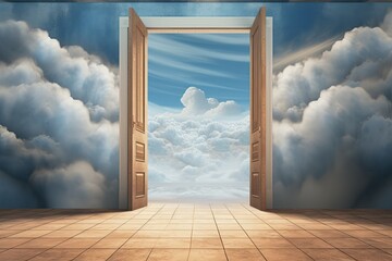 Open doors with sky and clouds in the background. Generative AI