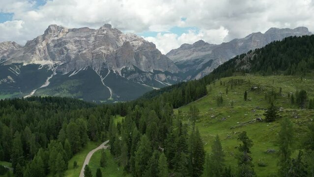 Aerial view of Dolomites Alps near Alta Badia, Trentino-Alto-Adige region, Italy. Summer season.