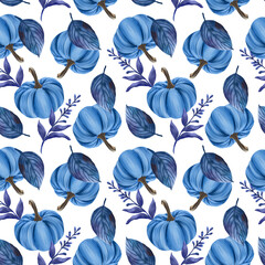 Blue pumpkin and leaves. Seamless pattern for halloween and esoteric isolated on white background. Wrapping paper, textiles, fabrics, covers.