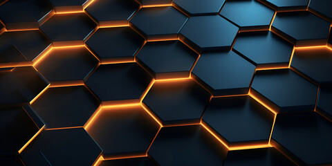 Hexagonal Designs in Black and Orange , Hexagons In Black And Orange Lighting On A Black Background