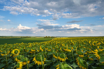 Obraz premium Summer landscape. Sunflower field and sky with beautiful clouds