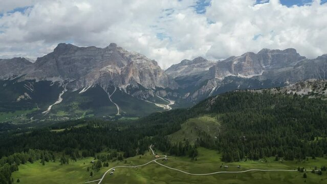 Aerial view of Dolomites Alps near Alta Badia, Trentino-Alto-Adige region, Italy. Summer season.