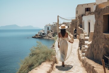 Fototapeta na wymiar Full-body rear view of a Mediterranean woman in a light linen dress strolling along an ancient coastal village with azure sea views, muted colors
