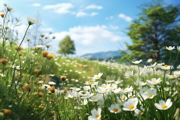 Panoramic view of a sun-laden field of blossoming wildflowers in a green meadow, with bright blue skies and fluffy clouds in the background. 