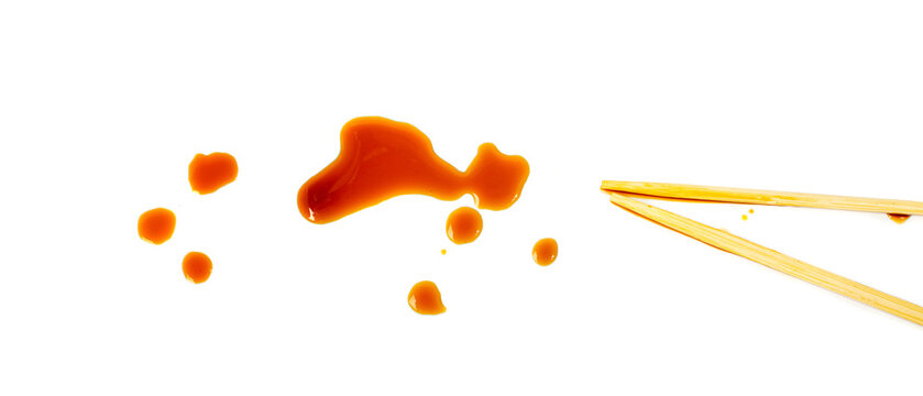 Spilled Soy Sause Isolated, Teriyaki Drops, Oyster Sauce, Balsamic Vinegar Puddles on White Background
