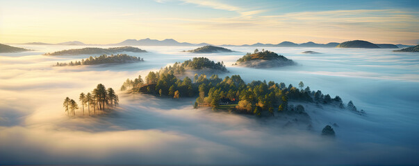 Obraz premium Aerial view of fog rising above island trees. Misty landscape with forest.
