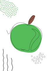Continuous one line drawing apple. Vector illustration. Black line art on white background with colorful spots and elements. Poster in minimalism concept