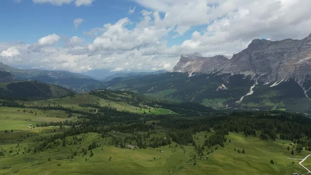 Aerial view of Dolomites Alps near Alta Badia, Trentino-Alto-Adige region, Italy. Summer season.