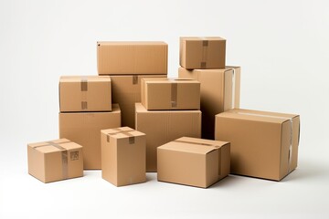 Cardboard boxes, white background, deliveries concept. Generative AI