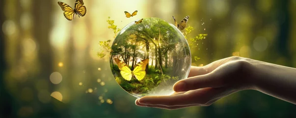 Foto op Plexiglas Earth crystal glass globe ball in hand with nature background. © Michal