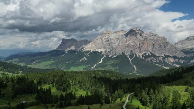 Aerial view of Dolomites Alps near Alta Badia, Trentino-Alto-Adige region, Italy. Summer season.