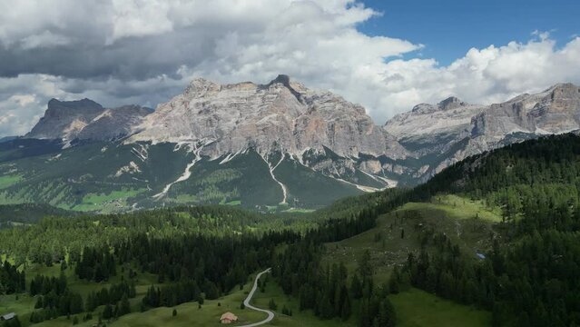 Aerial view of Dolomites Alps near Alta Badia, Trentino-Alto-Adige region, Italy. Summer season.