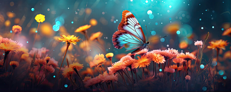 Fototapeta Mystical beautiful butterfly in a magical flower field. Butterfly fly over flowers meadow.