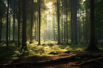 Panoramic view of a plush forest with low-lying mist in the distance and rays of sunlight coming down through the pine trees.