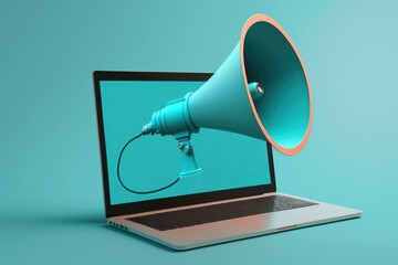 Blue megaphone on laptop screen, advertising and technology concept. Generative AI