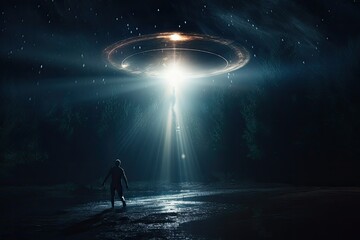 Person being abducted by alien ship, night scene, fiction and fantasy concept. Generative AI