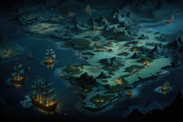 Fototapeta na wymiar Game scene with island and pirate ship, fantasy concept. Generative AI